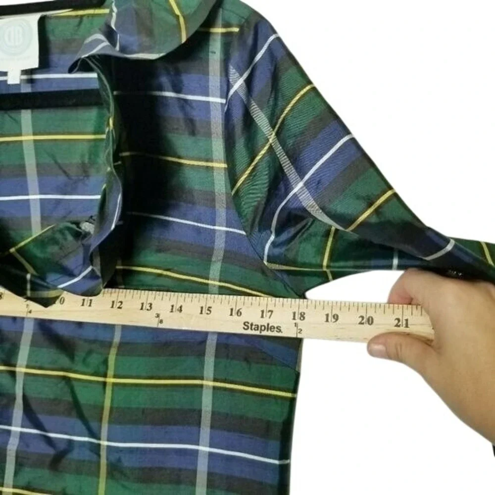 Devon Baer Plaid Silk Dress Ruffle Collar 3/4 Sleeve Women's S Preppy Holiday‎